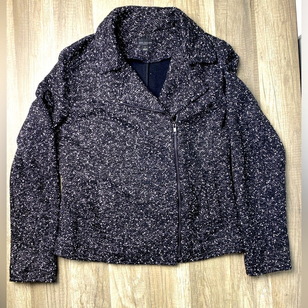 Ann Taylor Factory Black/White Tweed Moto Jacket Blazer Size 8